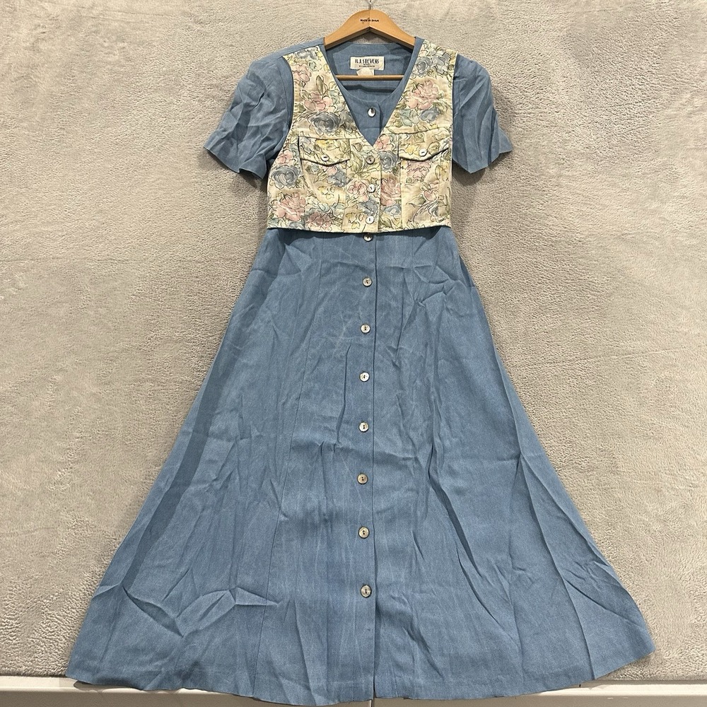 RJ Stevens Button Maxi Dress Women 4 Blue Floral Vest 80s Vtg Boho TradWife